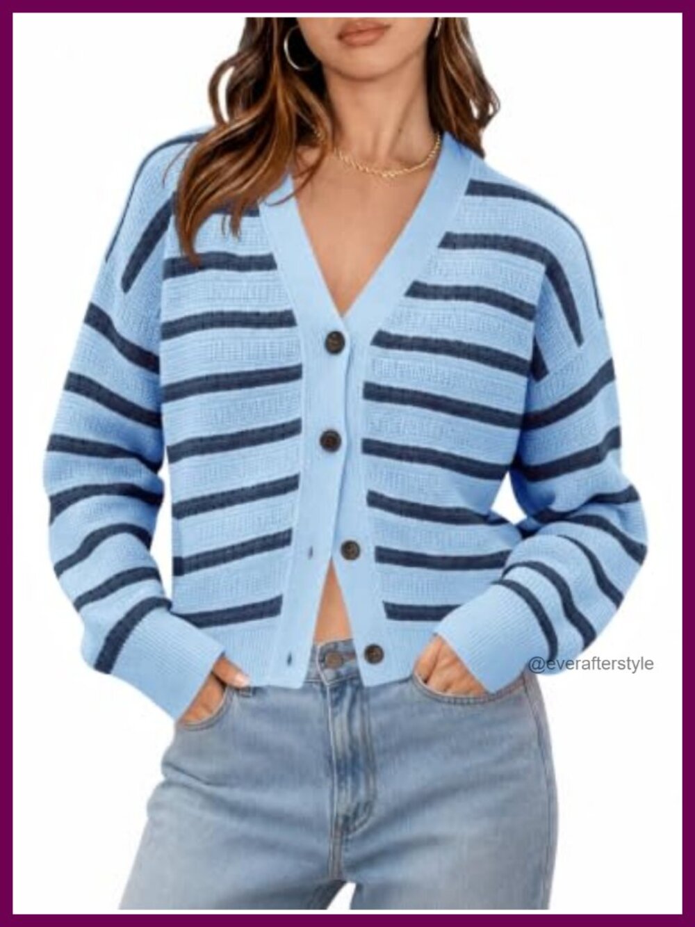 Crochet Knit Cardigan Striped Button Down V-Neck Long Sleeve